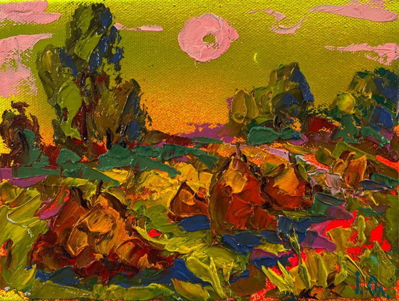 Originales Ölgemälde: Sommerliche Sonnenuntergangslandschaft – Der Sonnenuntergang – Gemälde & Zeichnungen (photo 3 of 8)