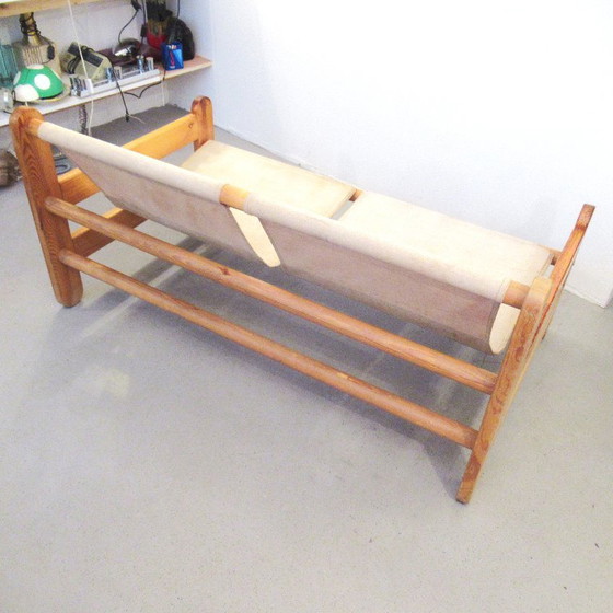 Image 1 of Pine and fabric bench from the 1980s