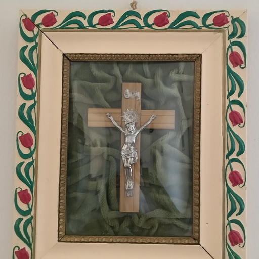 Antique Crucifix Frame Under Convex Glass