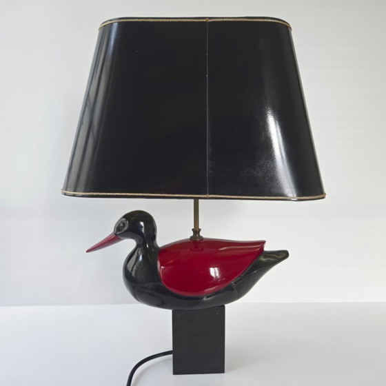 Image 1 of Vintage 1970s Italian Duck Table Lamp, Black & Burgundy Lacquered Wood