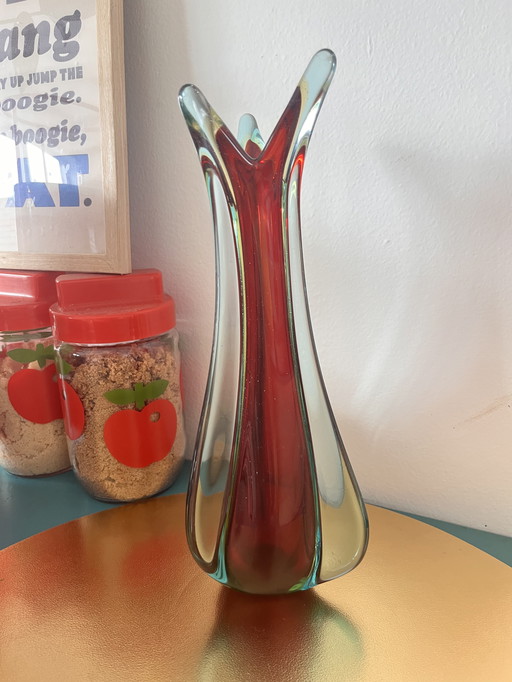 Vintage Murano vase – red with blue-green Sommerso glass – 1960s