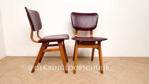 2x Vintage Rode Mid Century Eetkamerstoelen – Wood, Leather