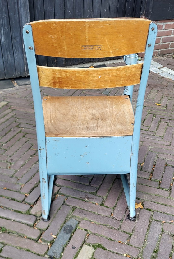 Banchetto scolastico anni '50/'60 modello "Envoy" American Seating Company, Scrivanie, Metallo, Legno, Blu (foto 11 di 14)