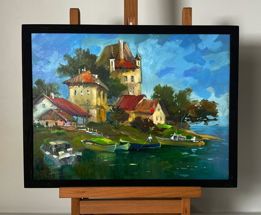 Original Oil Painting Rural Landscape Summer River Village boat dock