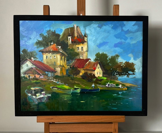 Image 1 of Peinture à l'huile originale, paysage rural estival, village riverain, quai de bateau
