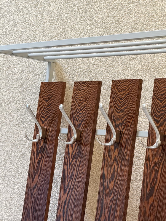 Image 1 of Vintage Retro Wooden Coat Rack with 24 Hooks, Mirror and Storage