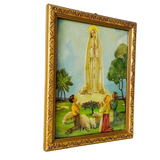 Lithographie religieuse vintage Marie avec trois petits enfants 1940s