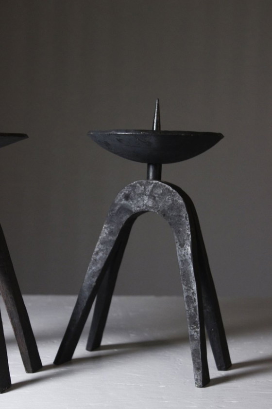 Image 1 of Pair of wrought iron candlestick holders, brutalist modernist design, 1950s