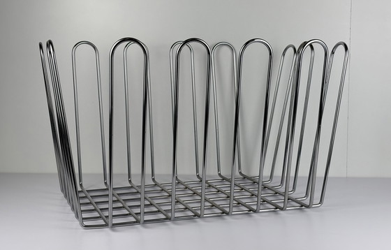 Image 1 of Large Vintage XL Wire Steel Chrome Newspaper Container / Reading Rack