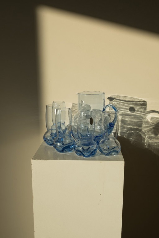 Vintage blue water glasses + carafe