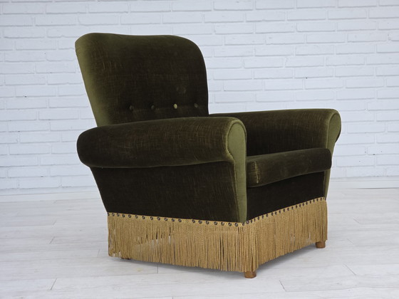 Image 1 of 1970s Danish Lounge Chair, High, Furniture Velour, Ash Wood Legs