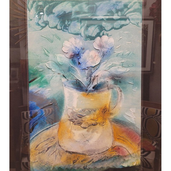 Image 1 of Vintage mixed technique "Still life of flowers" by Antonio Suarez, 1985