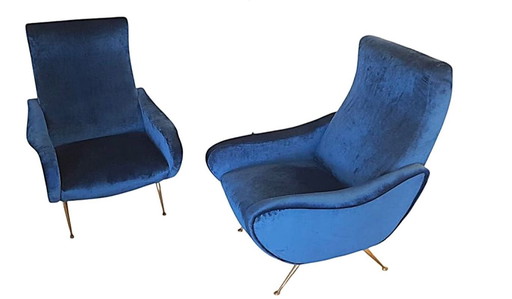 Mid Century Blauw Fluwelen Fauteuils, Set van 2