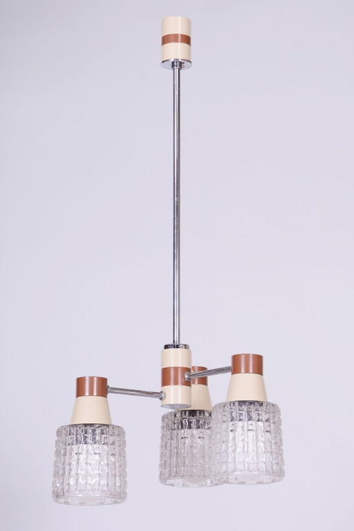 Lampadario restaurato di metà secolo, di Drukov, acciaio cromato, vetro, ceco, anni '70 – kroonluchters, Glass, Metal