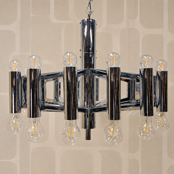 Image 1 of Vintage Large Chrome Italian Space Age Pendant Lamp Gaetano Sciolari (Sputnik Lamp)