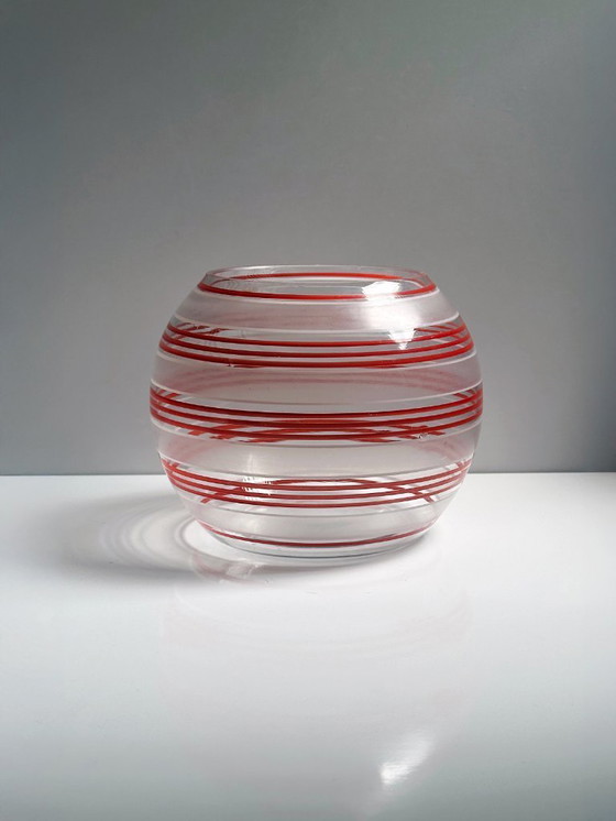Image 1 of Vintage Bauhaus vase set glass stripes decor 20s 30s Art Deco vase hand-painted red orange white Lausitzer Loetz 1920s / 1930s