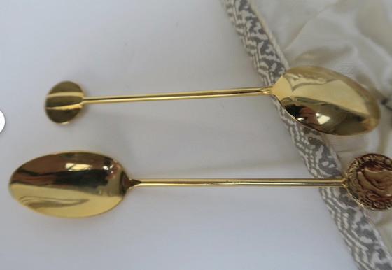 Image 1 of Set Of Six Golden Coffee Spoons. Vintage 1970