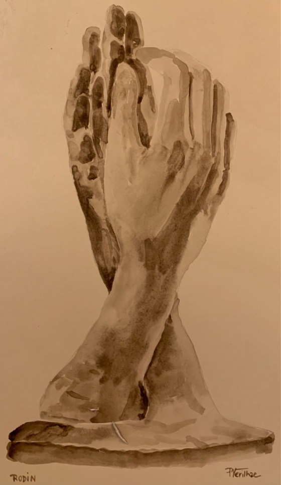 Image 1 of monochrome sepiafarbene Aquarellstudie der Statue „Die Kathedrale“ von Auguste Rodin