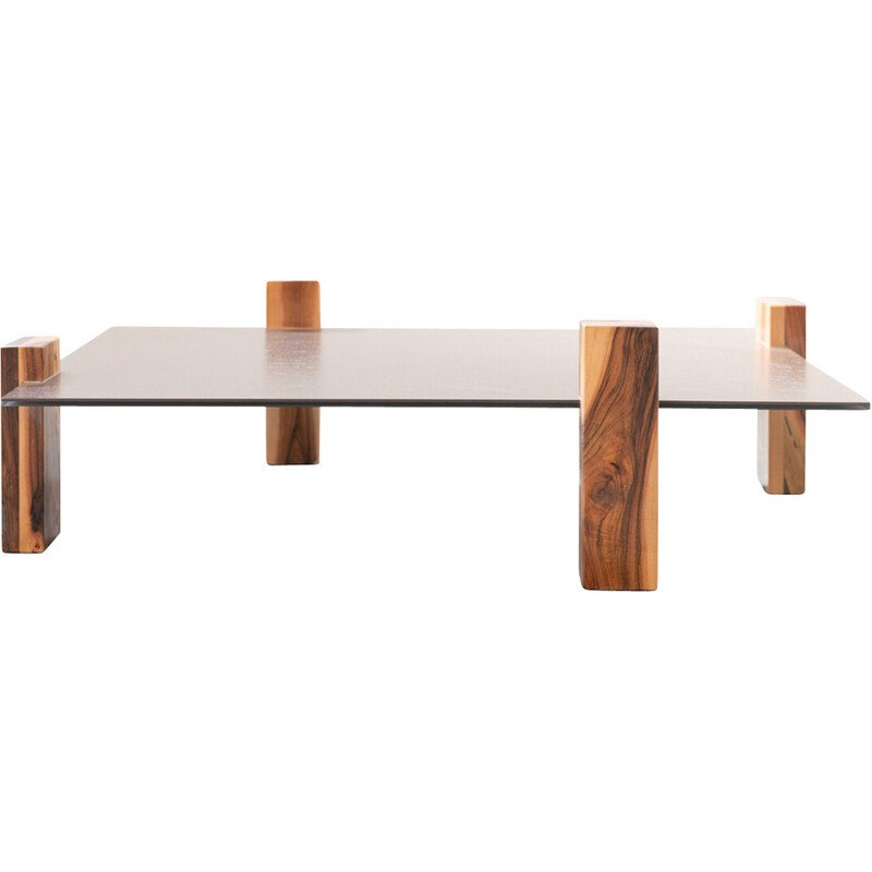 Vintage coffee table in ceramic glass and walnut Italy 1970 1 250 Whoppah