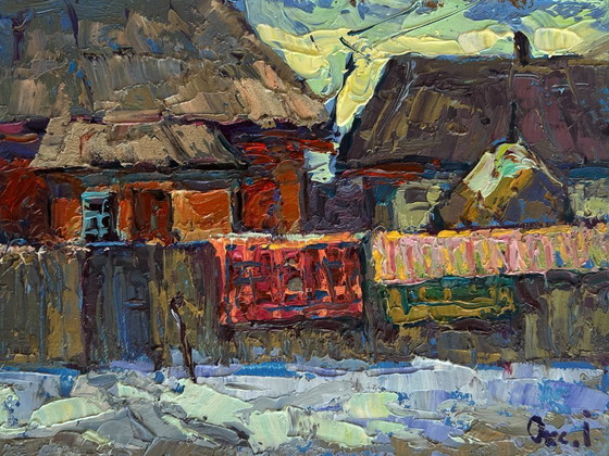 Image 1 of Original Oil Painting Winter Village Landscape Sunset behind the rooftops
