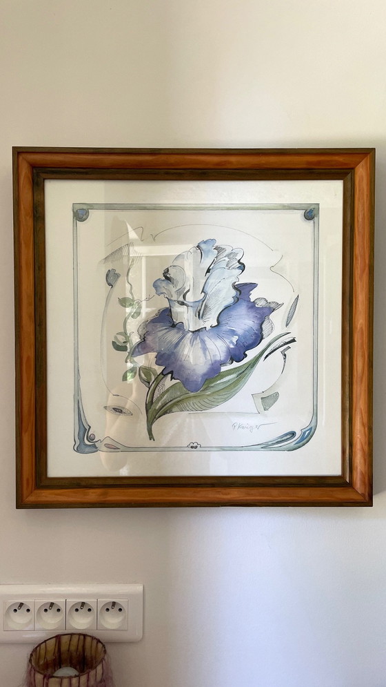 Image 1 of Irisblüte auf Papier Rahmen Holz Vintage