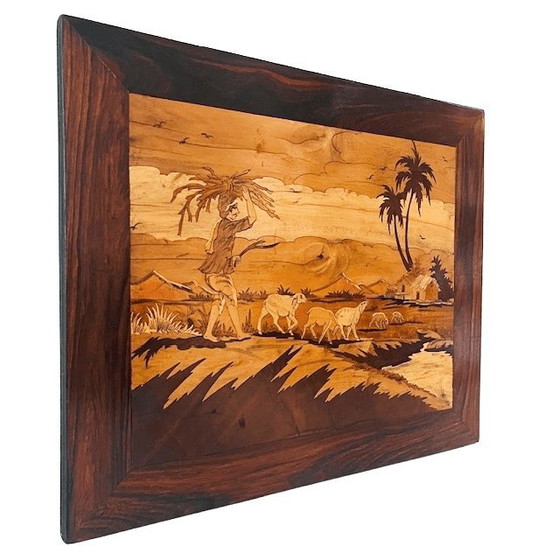 Image 1 of Vintage Native American wood inlay landscape shepherd village life marquetry 45 cm 1940s
