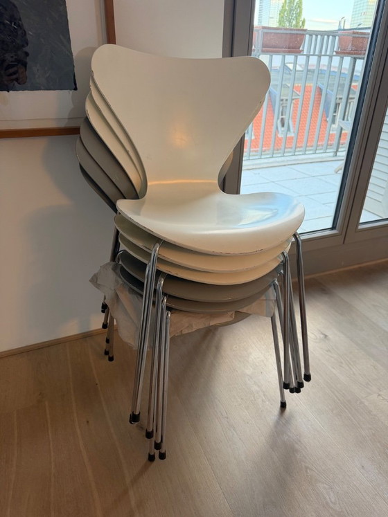 6x Sedie Originali Fritz Hansen Serie 7 (1989), Arne Jacobsen, Sedie da pranzo, Legno, Cromo, Bianco (foto 5 di 12)