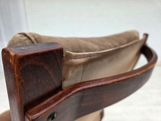 Image 1 of 1970s, Scandinavian lounge chair, nubuck leather, canvas, beech wood.
