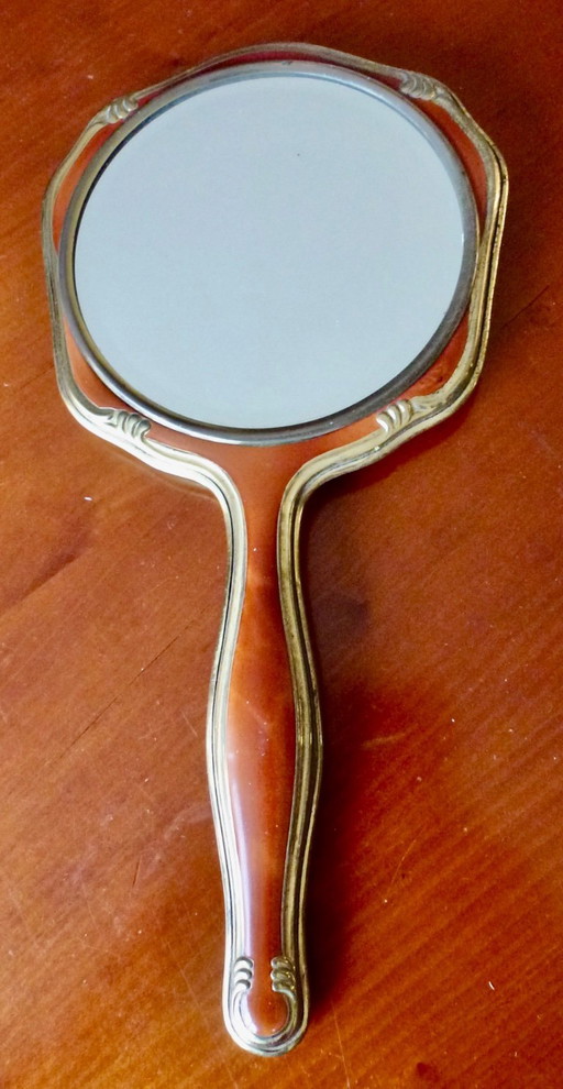 Vintage hand mirror, facet cut, Germany, brass with celluloid.