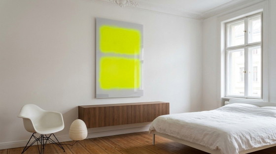 Dipinto astratto a campi di colore nei toni del grigio e del giallo – neon | Stile fluorescente | XXL 0,8 cm (photo 3 of 6)