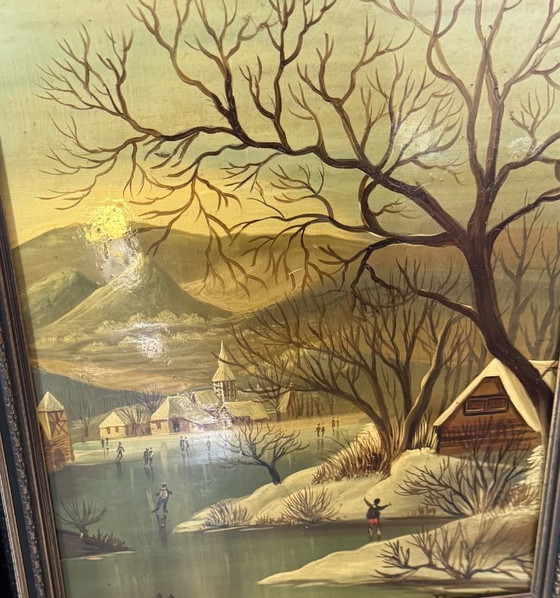 Pintura al óleo original – Paisaje invernal con patinadores – Pinturas y dibujos, Other (photo 3 of 5)