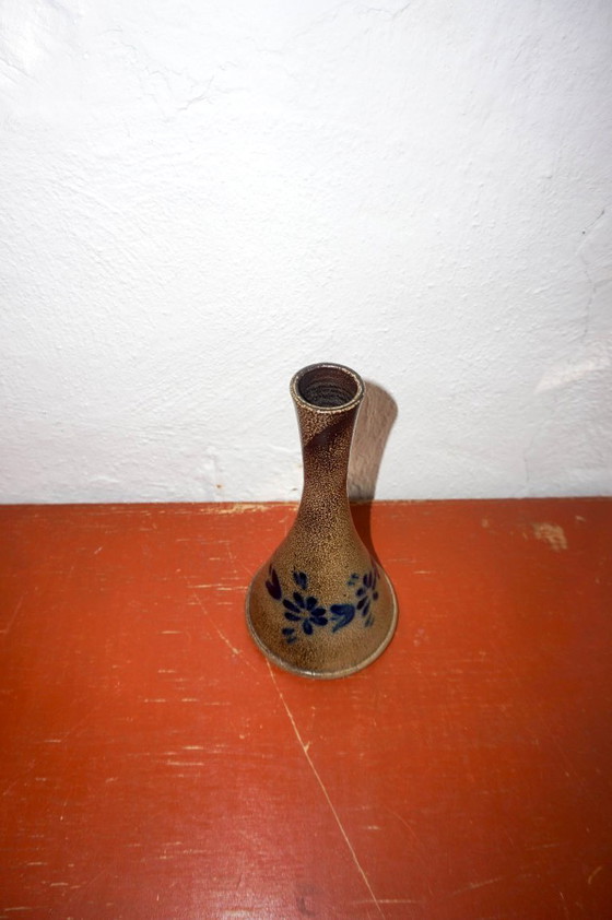 Image 1 of hand-thrown stoneware vase with cobalt blue floral glaze * vintage studio pottery * tall flower vase with narrow neck * ceramic 