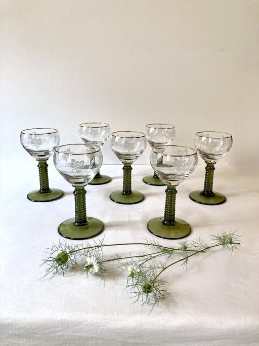 7 Roemer Alsace wine glasses, moss green stepped stems and gold rim