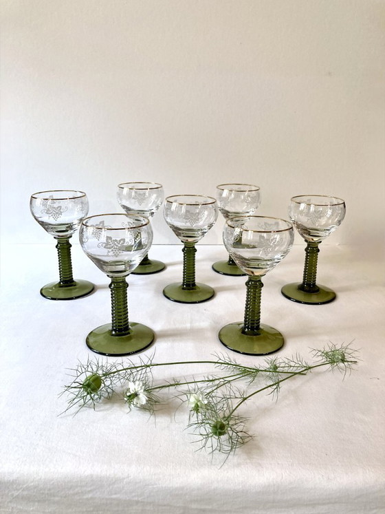 Image 1 of 7 Roemer Alsace wine glasses, moss green stepped stems and gold rim