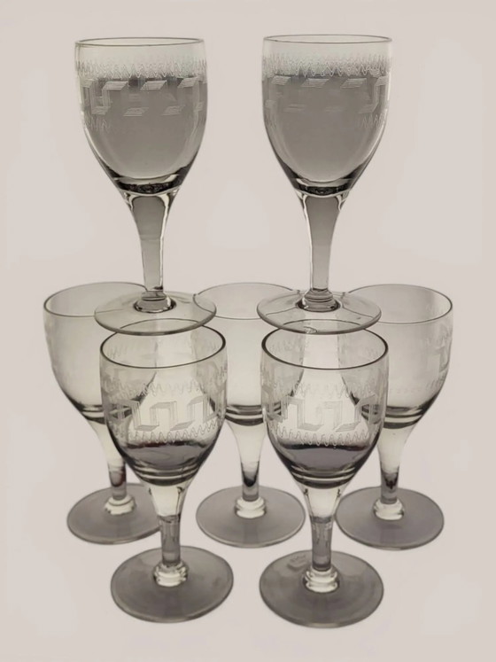 7 wine glasses with Greek decoration / glass. Height 16.5 cm. Diameter at the rim. – Glass & Decanter, Crystal (photo 2 of 6)