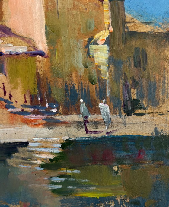 Image 1 of Origineel olieverfschilderij: Stadslandschap aan de rivier, schaduwen van het stadsleven