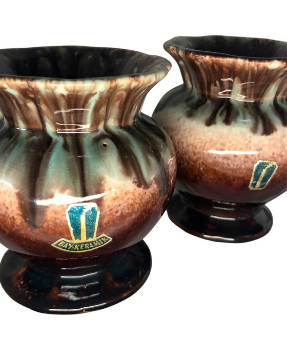 Image 1 of Pair of Vintage Bay Keramik W. Germany Vases - Model 290-10 - Turqouise Brown Fat Lava Glaze