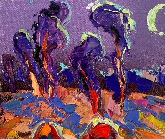 Image 1 of Original Oil Painting Fall Nature Landscape Blue Autumn Night