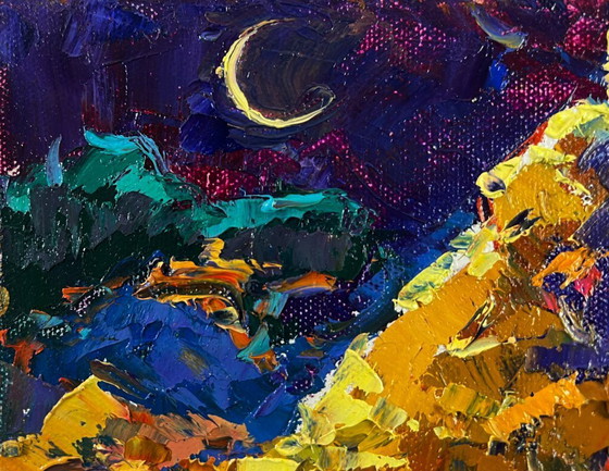 Image 1 of Original Oil Painting Colorful Summer Landscape Night tale in silver reflections