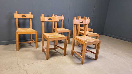 Image 1 of Vintage oak and wicker brutalist chairs, 1960s - set of 6