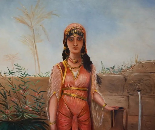 Old painting "Woman at the Well" by Strebelle – schilderijen tekeningen, Canvas, Art Nouveau (photo 2 of 5)