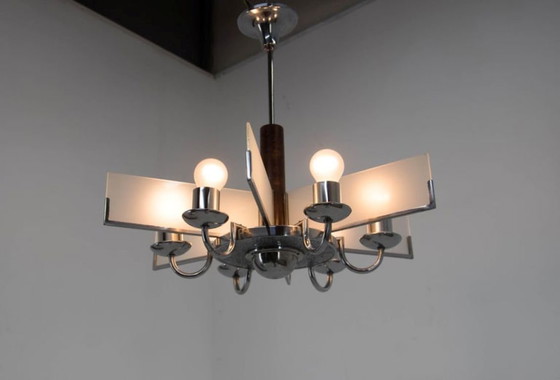 Image 1 of Six-Arm Art Deco Chandelier in Chrome and Sandblasted Glass, 1940s