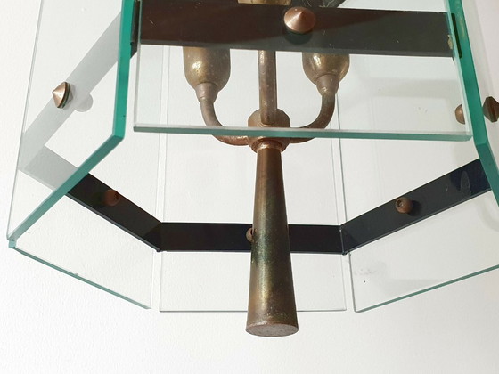 Image 1 of Vintage hanglamp uit de jaren 50 van glas en messing in rockabilly-stijl