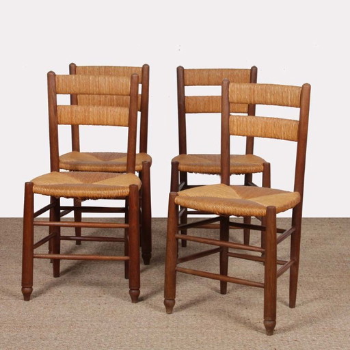 Set of 4 straw-seated wooden chairs, French work, 1950