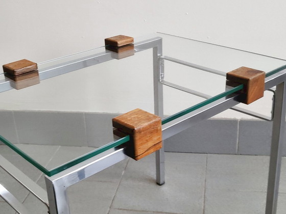 Image 1 of SET DI 3 TAVOLINI IMPILABILI SCANDINAVI VINTAGE ANNI '60 IN TEAK, ACCIAIO E VETRO ANNI '60