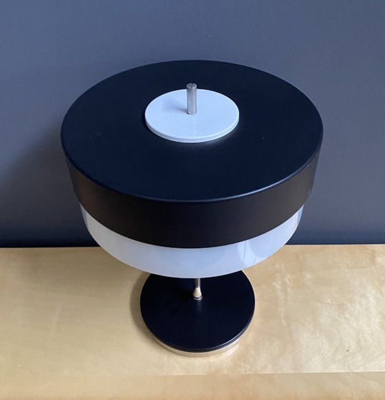 Image 1 of Table lamp in black metal and white glass, by Kamenicky Senov 1960s