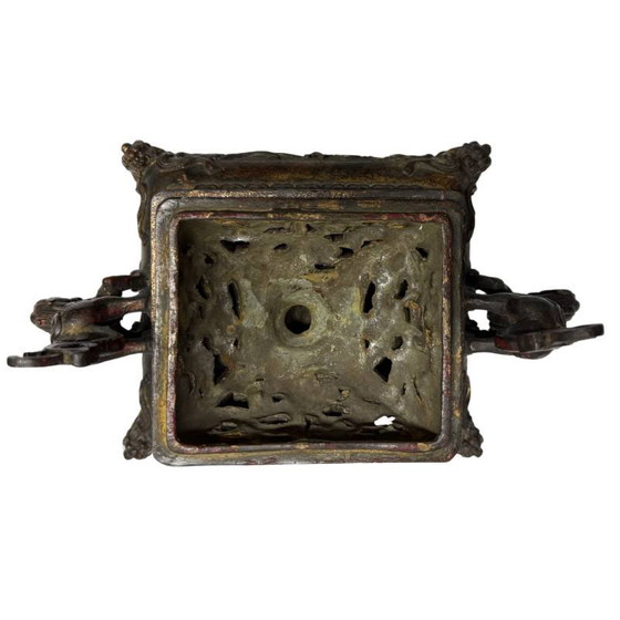 Antiguo Quemador de Incienso Chino Fangding de Bronce con Pedestal – Set de 3 Piezas – Dinastía Qing Tardía (photo 10 of 11)