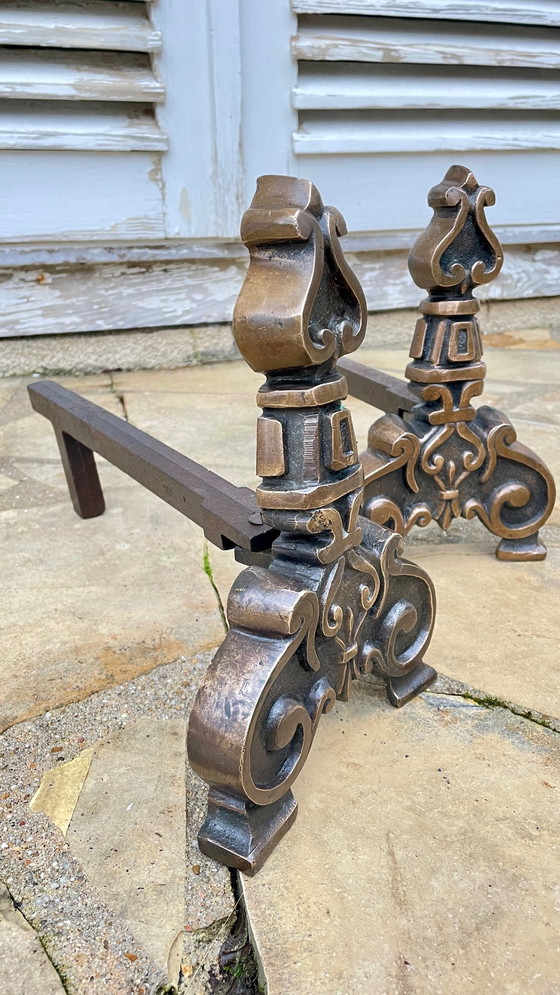 Image 1 of Massive Brass And Vintage Steel Andirons