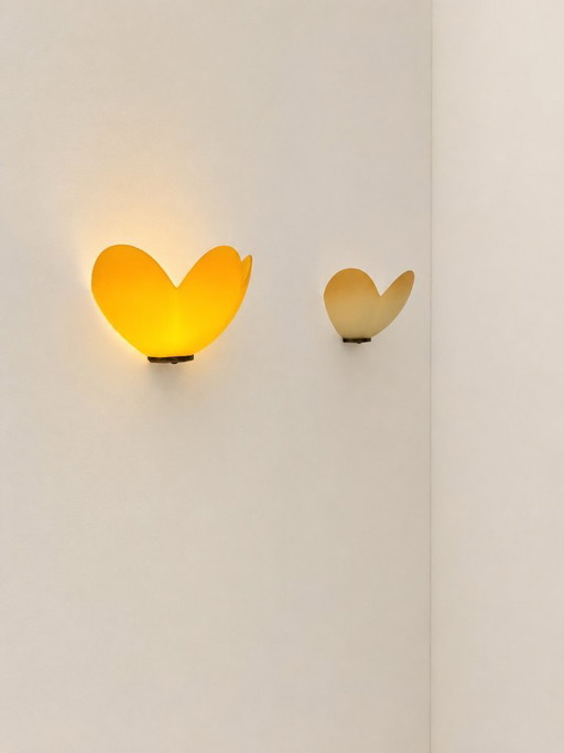 Pair of vintage wall sconces, orange glass and brass, France, 1970