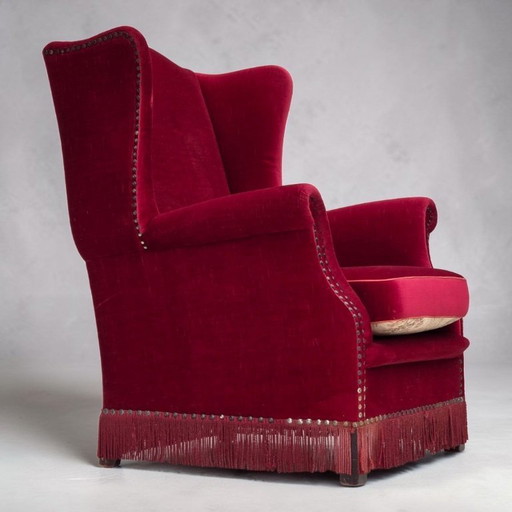 Anni '70, poltrona danese con schienale alto, velluto rosso per mobili, legno di frassino.